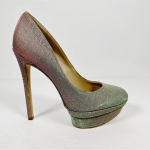 Brian Atwood Holographic Lurex Fabric Platform Pumps